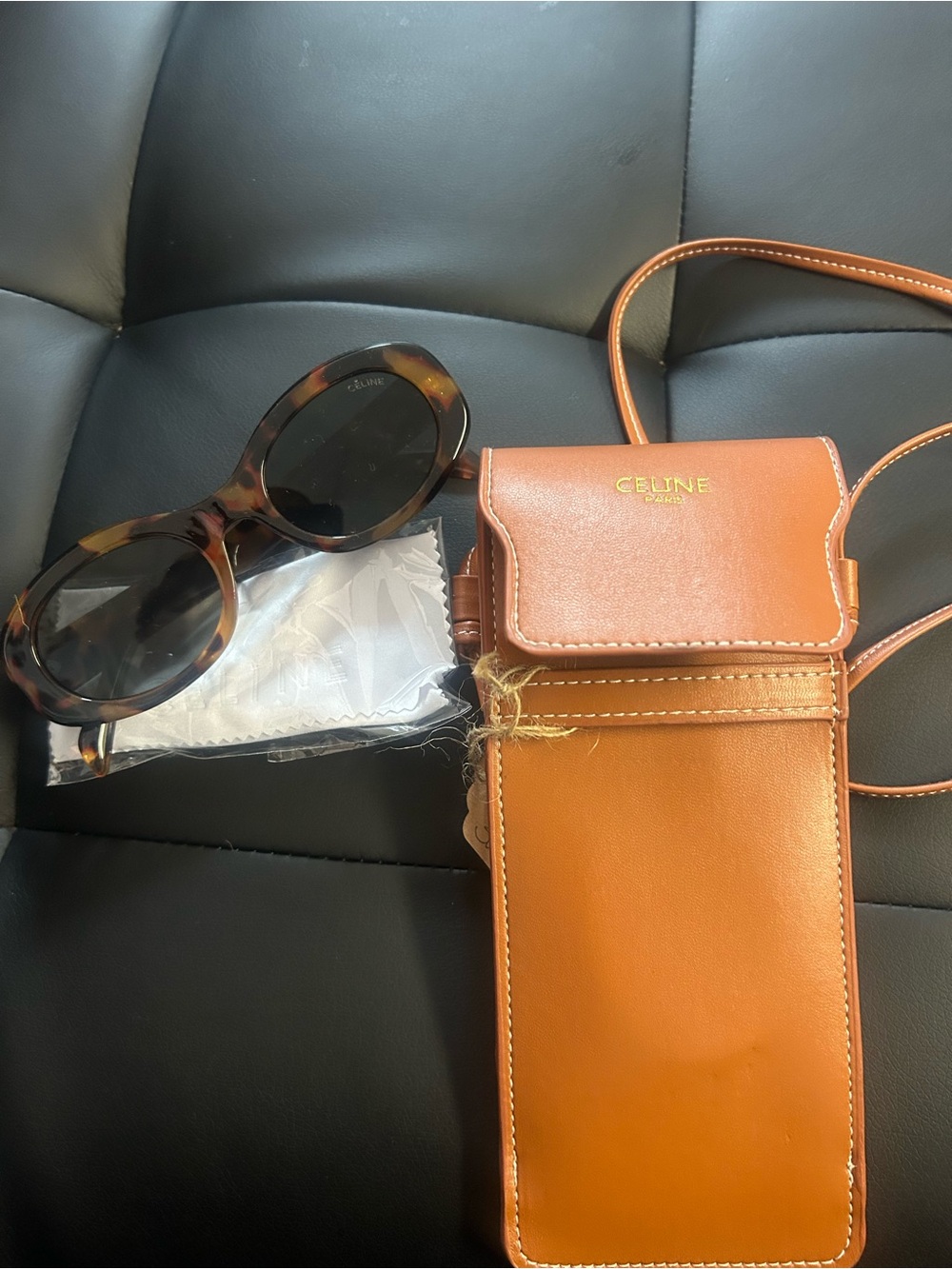 Tortoiseshell Sunglasses with Brown Leather Crossbody Pouch